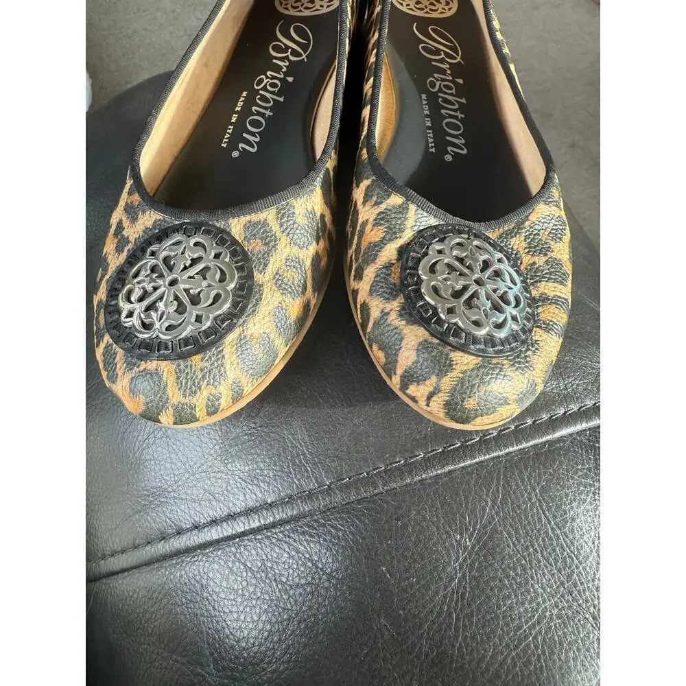 Brighton Aleta cheetah leather 9 silver logo flats Italy